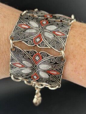 Vintage West German Eloxal Aluminum Filigree Panel Bracelet Red Black Silver